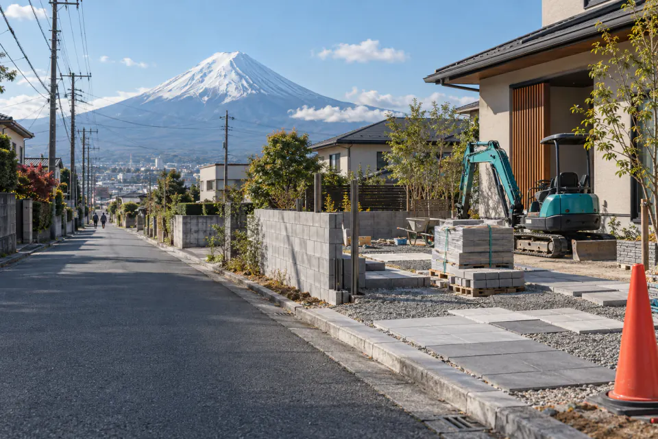 外構工事中の住宅の前庭(イメージ)