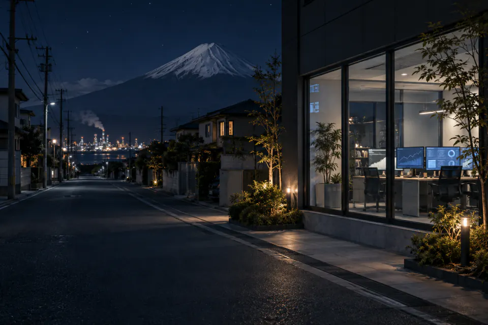 夜のオフィスとモニター(イメージ)